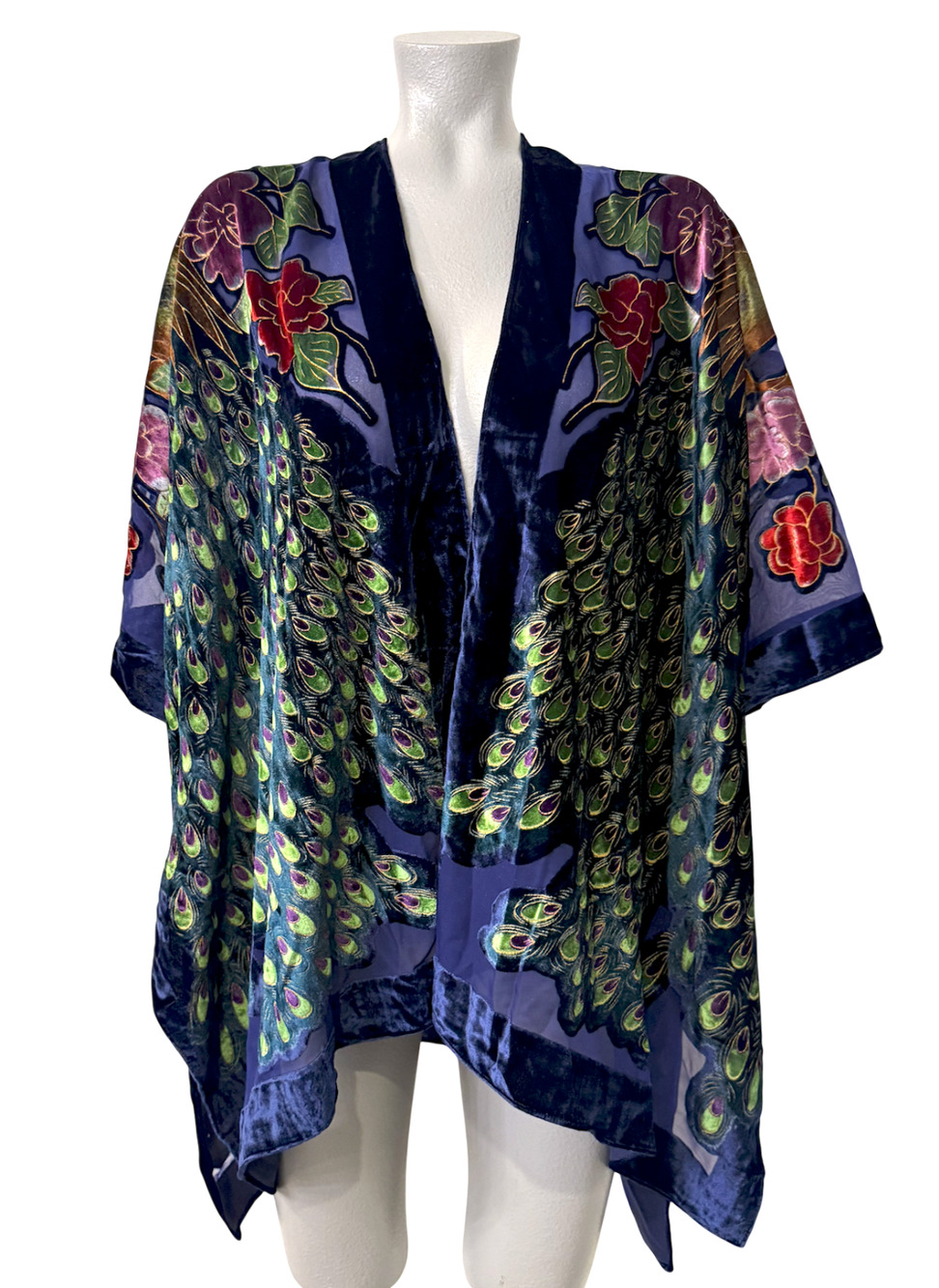 THE PYRAMID COLLECTION NAVY BLUE BURNOUT VELVET PEACOCK FLORAL KIMONO TOP O/S